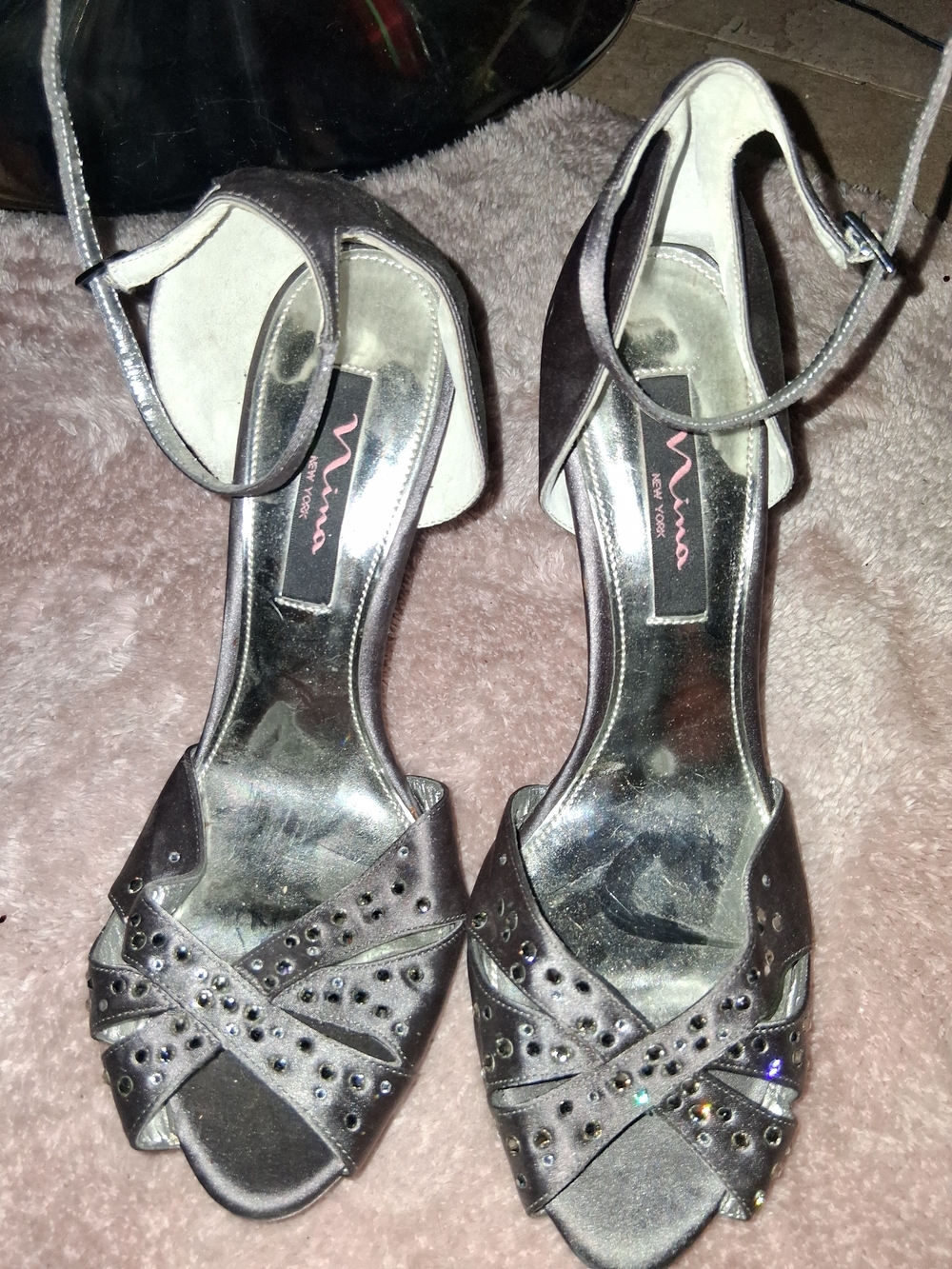 Nina Shoes Metallic Black Studded Crisscross Ankle-Strap Heels
